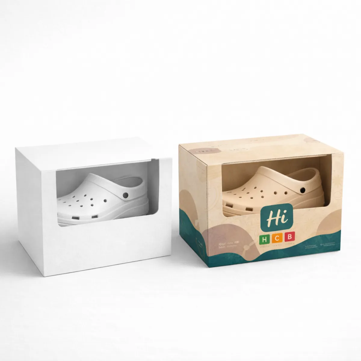 Two display boxes with transparent windows showing clogs inside- featuring both plain and branded designs- class=